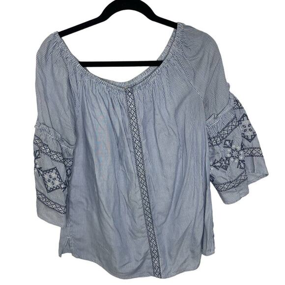 St. John's Bay Tops - St. John’s Bay Blue White Striped Top sz Medium Off Shoulder Flare Sleeve Blouse